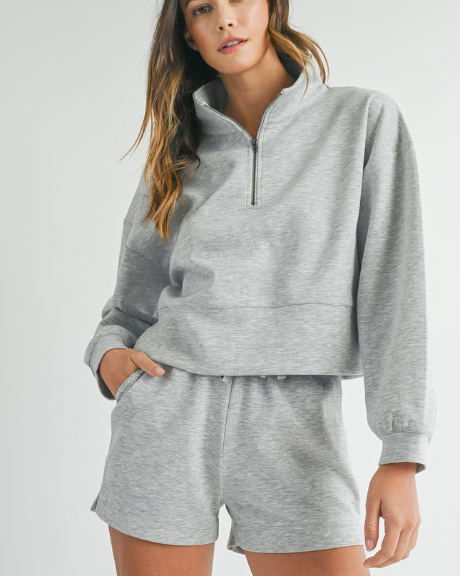 Light Grey Stand Neck Zipped Sweatshirt and Shorts Set