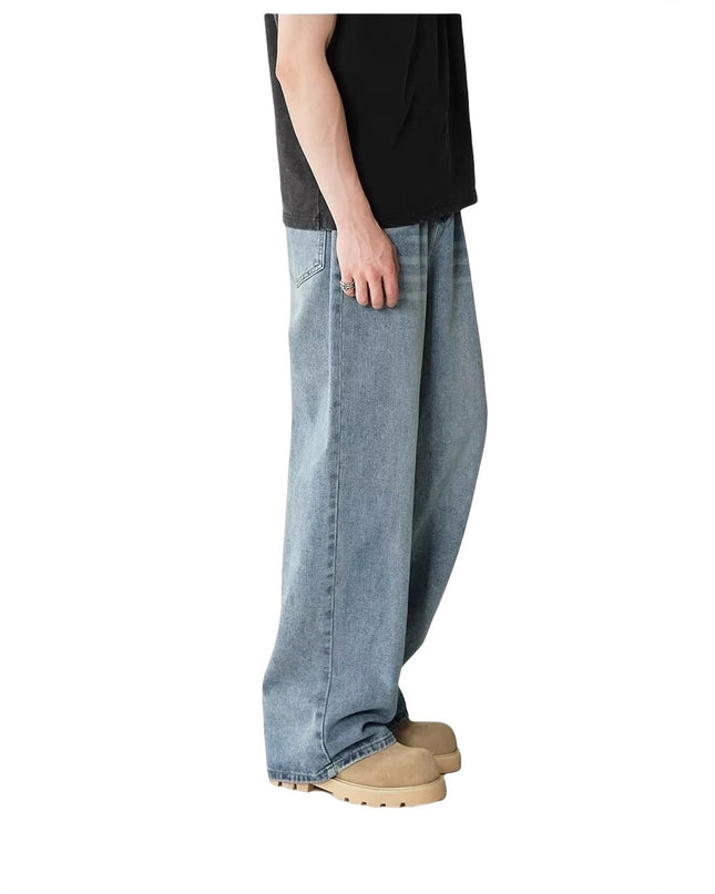 Mens Straight-Leg Relaxed-Fit Vintage Blue Denim Jeans In American Style