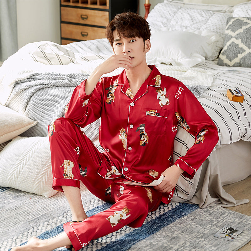 Ice Silk Couple Pajamas Spring And Summer Long-sleeved Printed Silk Pajamas