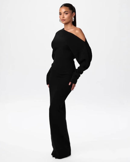Long Sleeve Knitted Off-shoulder Bodycon Long Dresses