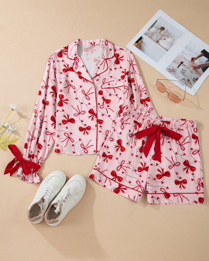 Red Bow Print Valentine Long Sleeve Shirt Shorts 2 Pcs Pajama Set