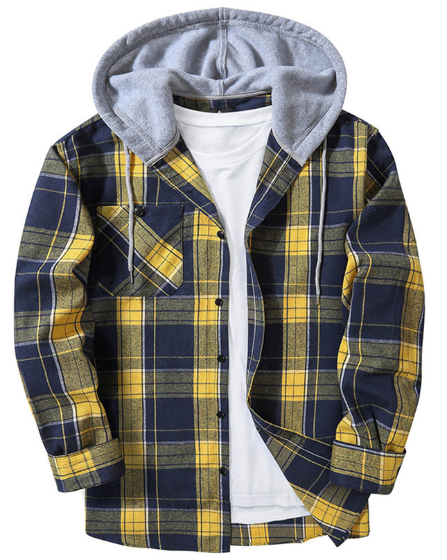 Hooded Plaid Shirt Men's Casual