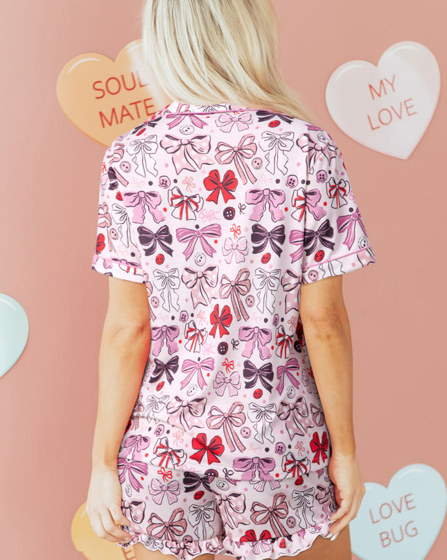 Pink Cute Ribbon Bows Printed 2pcs Short Pajama Set