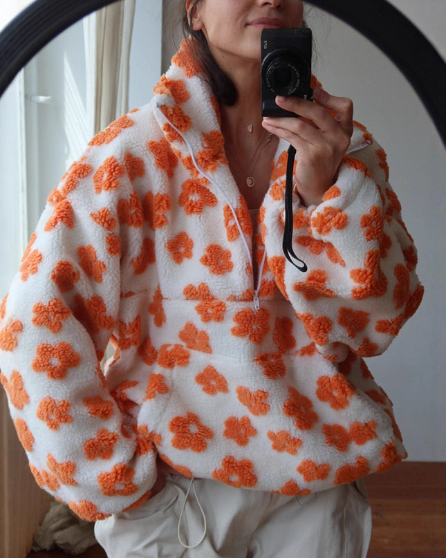 Winter Pullover Flowers Sweatshirt With Big Pockets