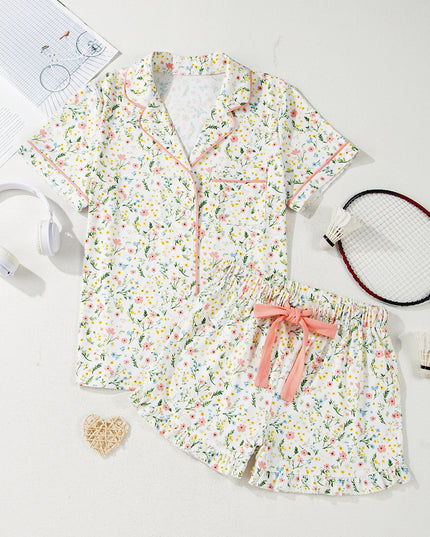 Pink Bow Print Contrast Pipping Short Pajamas Set