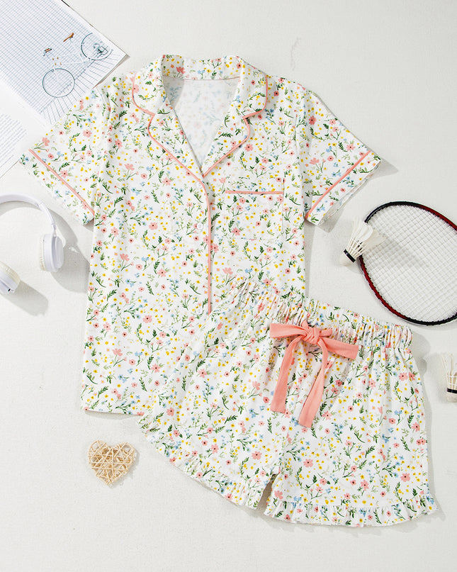 Pink Bow Print Contrast Pipping Short Pajamas Set