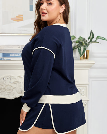 Navy Blue Plus Color Block Drop Shoulder Top and Lace-up Skirt Outfit