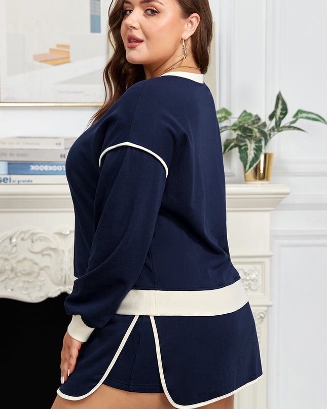 Navy Blue Plus Color Block Drop Shoulder Top and Lace-up Skirt Outfit