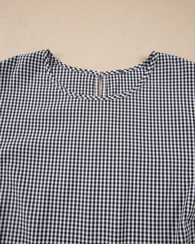 Black Plus Size Plaid Bow Decor Bell Sleeve Round Neck Jumper