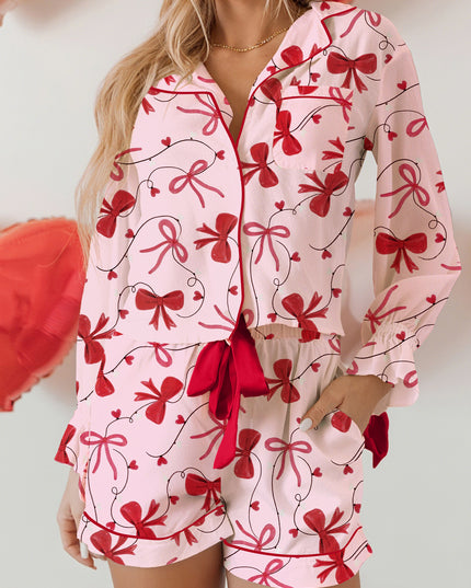 Red Bow Print Valentine Long Sleeve Shirt Shorts 2 Pcs Pajama Set