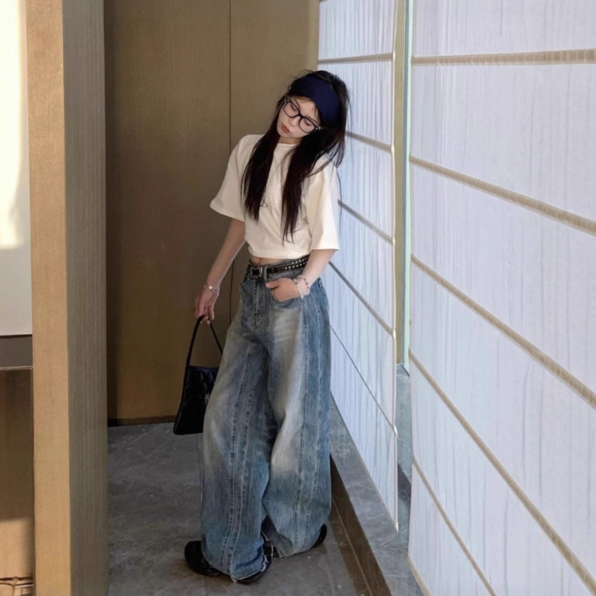 American-style Vintage Washed, Distressed Silhouette Bootcut Jeans