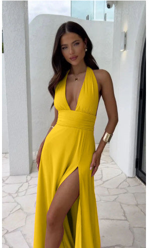 Halter neck Backless V-neck Slit Dress