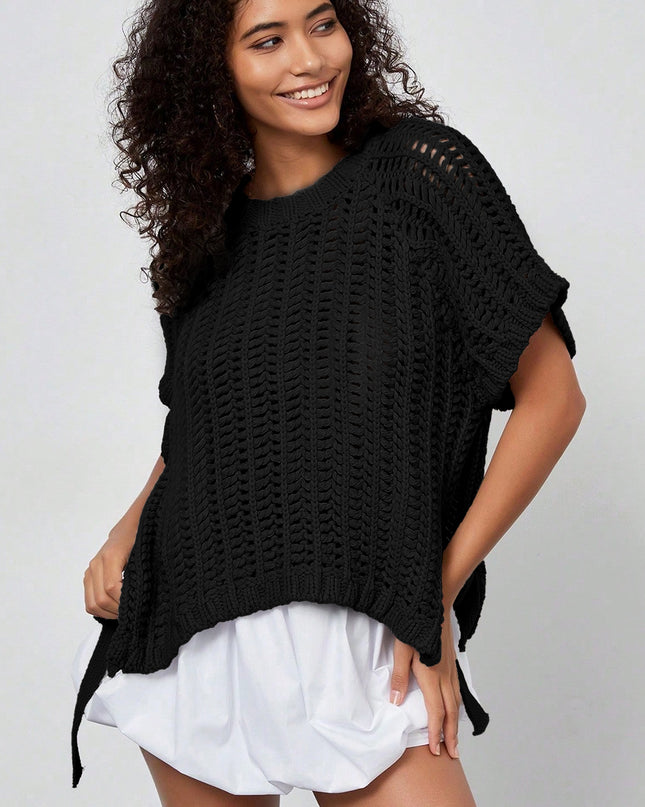 Ashleigh Blue Plus Size Open Knit Bow Tie Short Sleeve Sweater