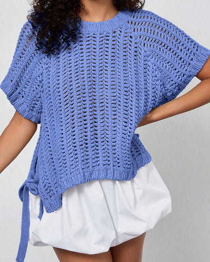 Ashleigh Blue Plus Size Open Knit Bow Tie Short Sleeve Sweater