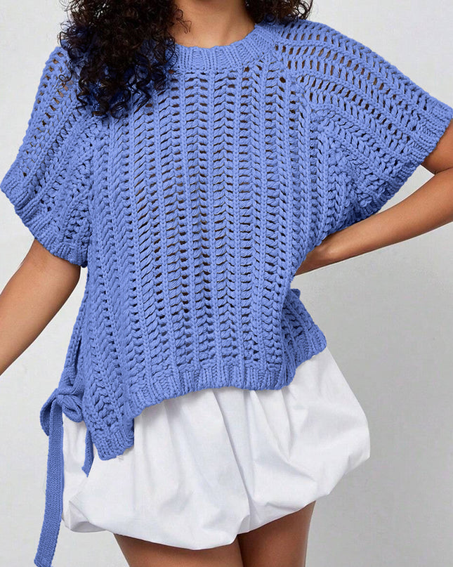 Ashleigh Blue Plus Size Open Knit Bow Tie Short Sleeve Sweater