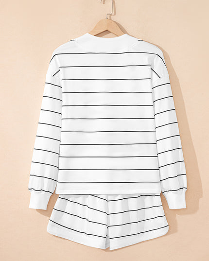 White Stripe Zip up Drop Shoulder Pullover and Short 2pcs Outfit