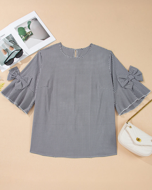 Black Plus Size Plaid Bow Decor Bell Sleeve Round Neck Jumper
