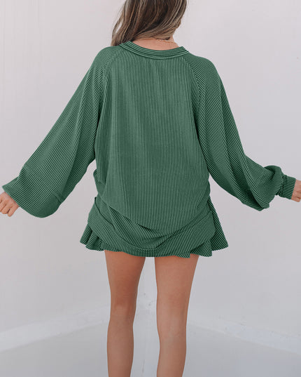 Sky Blue Corded Lantern Sleeve Top High Waist Ruffled Mini Skort Set