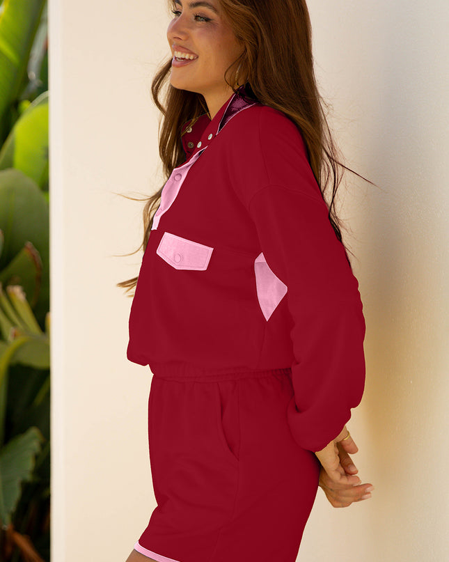 Red Dahlia Color Block Patchwork Half Button Pullover and Shorts 2pcs Outfit