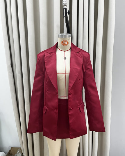 Burgundy Satin Fitted Waist Blazer And Skirt Set