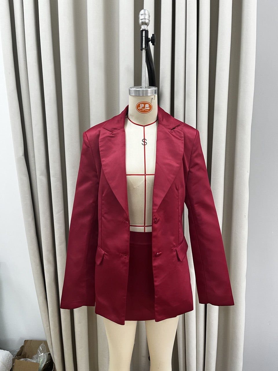 Burgundy Acetate Satin Fitted Waist Blazer And Skirt Set