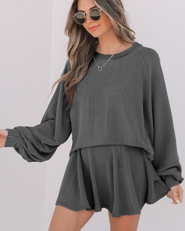 Sky Blue Corded Lantern Sleeve Top High Waist Ruffled Mini Skort Set