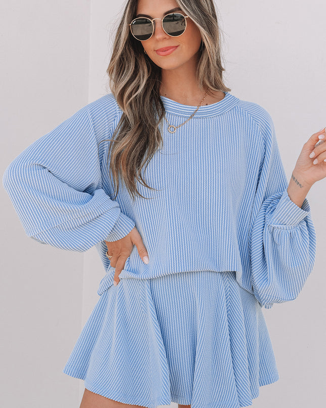 Sky Blue Corded Lantern Sleeve Top High Waist Ruffled Mini Skort Set