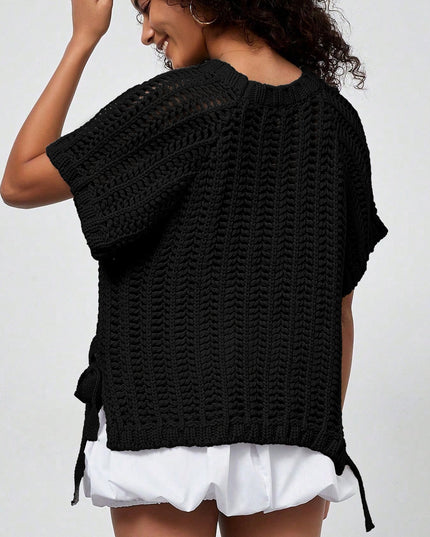 Ashleigh Blue Plus Size Open Knit Bow Tie Short Sleeve Sweater