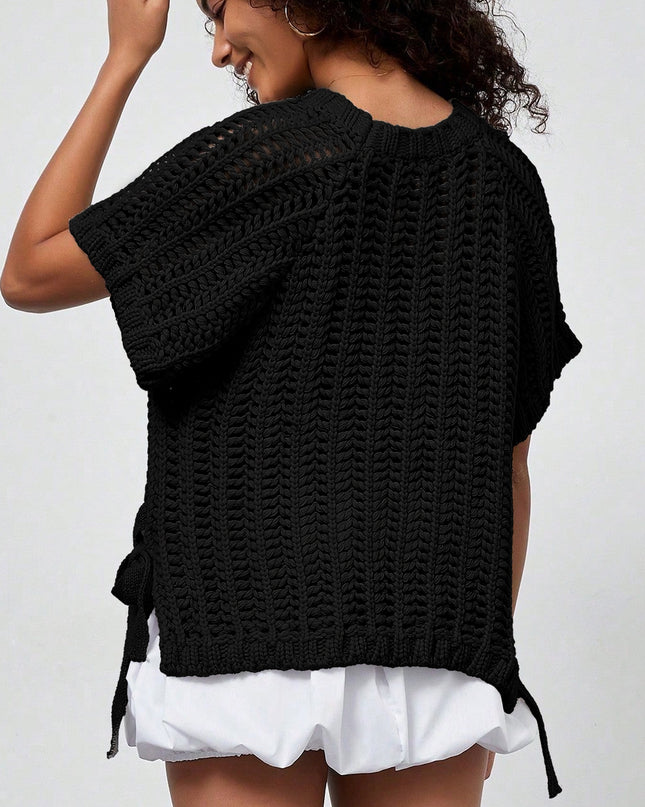 Ashleigh Blue Plus Size Open Knit Bow Tie Short Sleeve Sweater