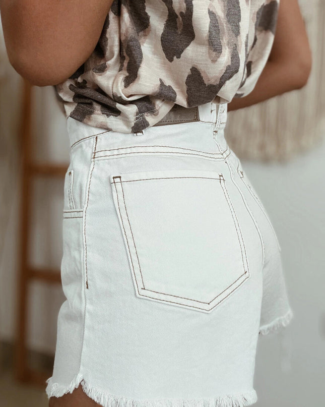 White Raw Hem High Waist Denim Shorts