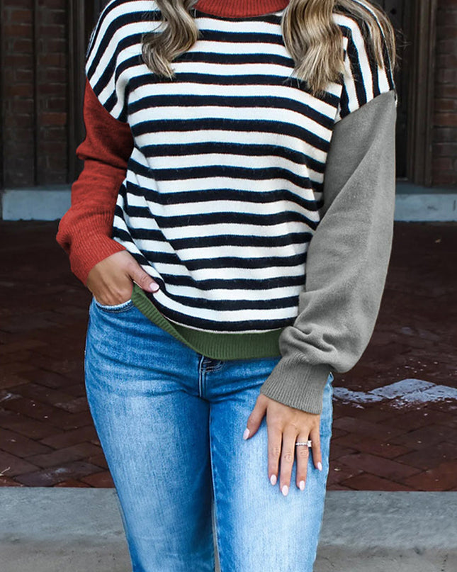 Color black Striped Panels Colorblock Sleeve Chic Sweater