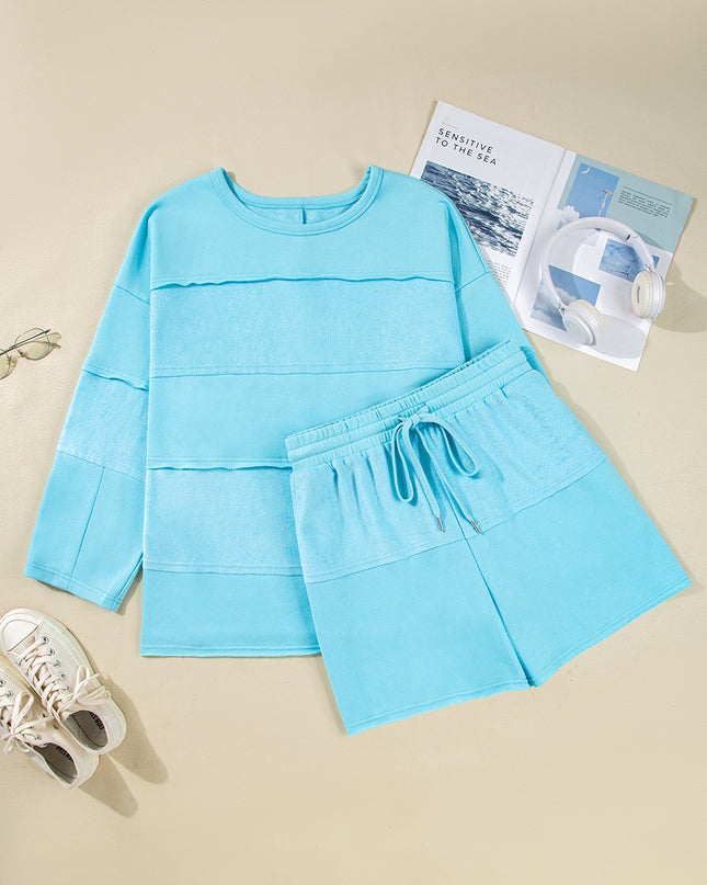 Aruba Blue Plus Size Solid Color Splicing Raw Hem Pullover Top Shorts Set