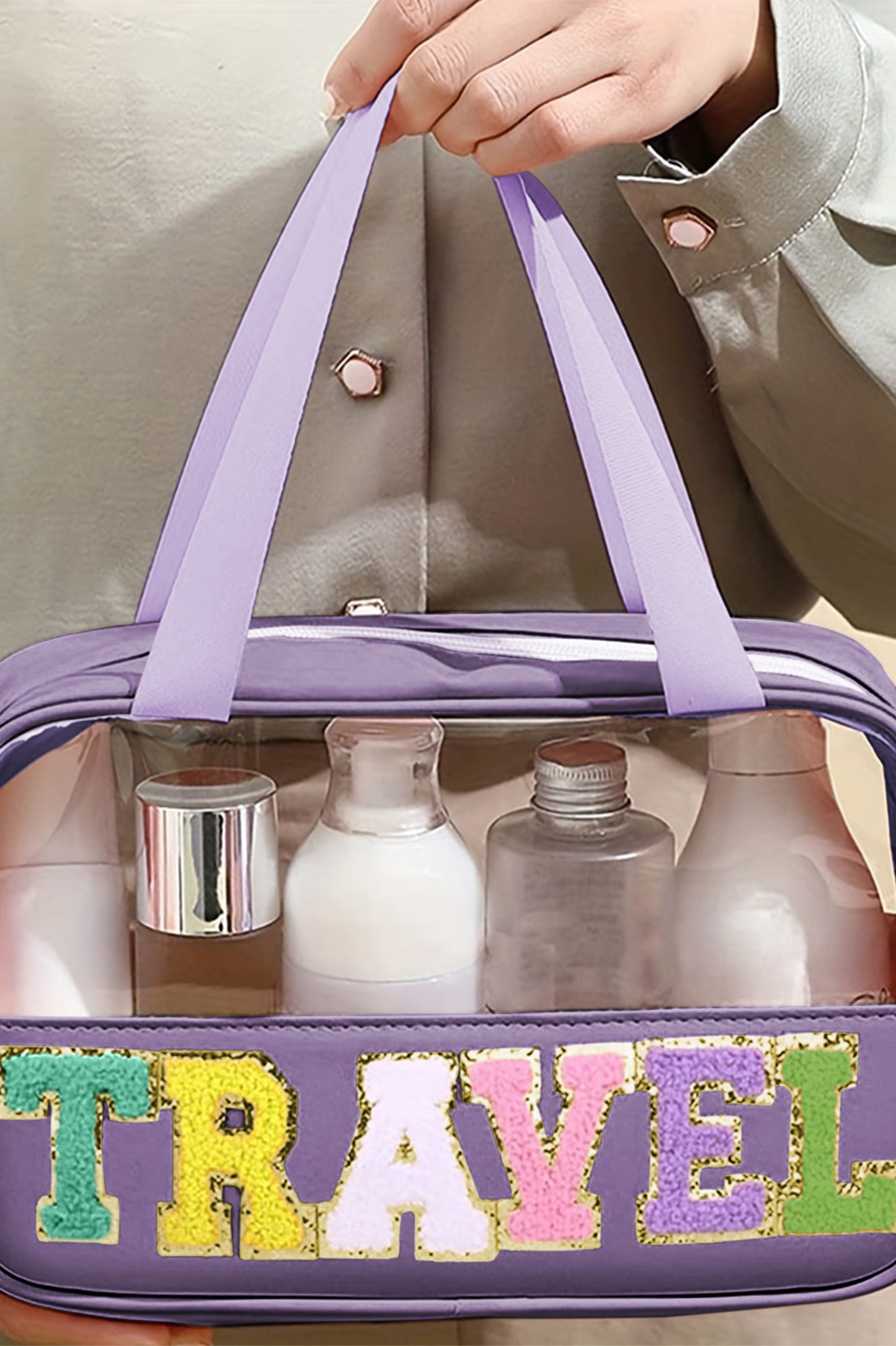 Light Pink TRAVEL Chenille Letter Clear PVC Makeup Bag