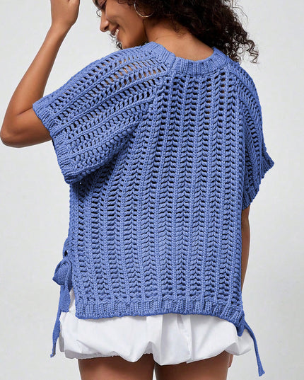 Ashleigh Blue Plus Size Open Knit Bow Tie Short Sleeve Sweater