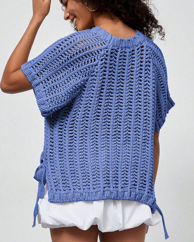 Ashleigh Blue Plus Size Open Knit Bow Tie Short Sleeve Sweater
