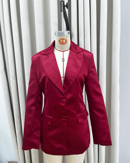 Burgundy Satin Fitted Waist Blazer And Skirt Set