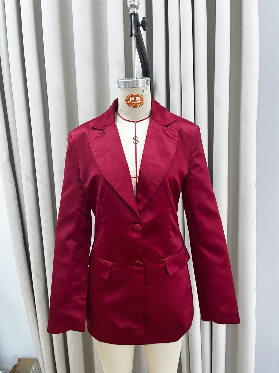 Burgundy Acetate Satin Fitted Waist Blazer And Skirt Set