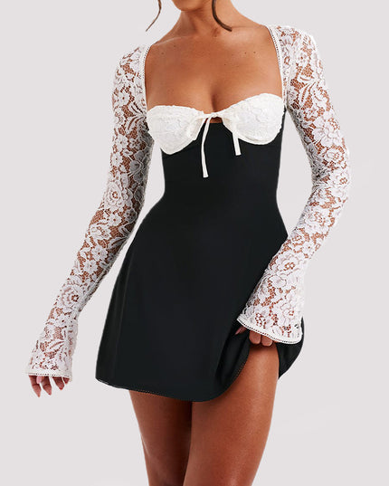 Y2K Lace Long Sleeve Backless Lace Up Short Dress