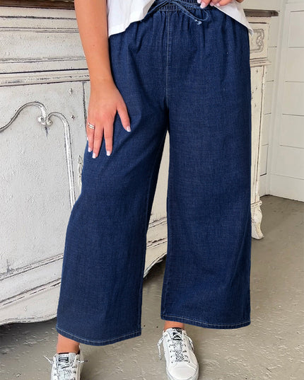 Real Teal Plus Size Drawstring High Waist Wide Leg Casual Jeans