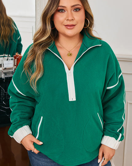 Dark Green Half Zip Contrast Trim Pocketed Plus Size Fleece Sweatshirt