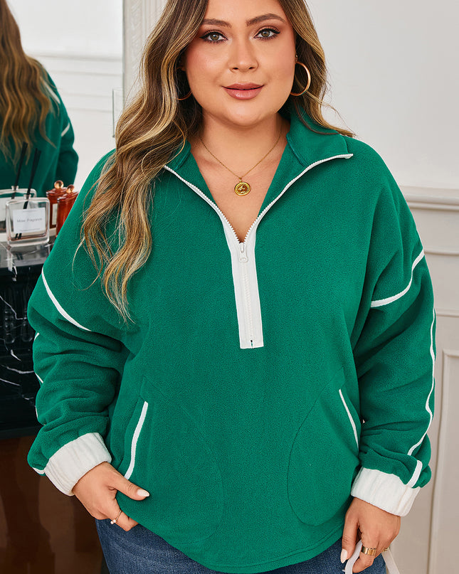 Dark Green Half Zip Contrast Trim Pocketed Plus Size Fleece Sweatshirt