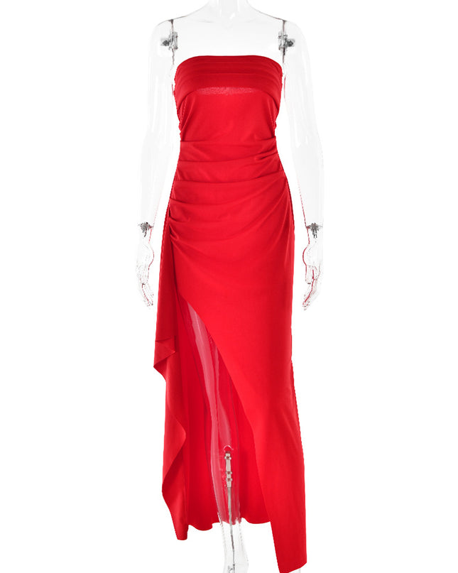 Strapless Split Long Dress Summer Fashion Pleated Bridesmaid Dress For Womens Party Wedding Clothing