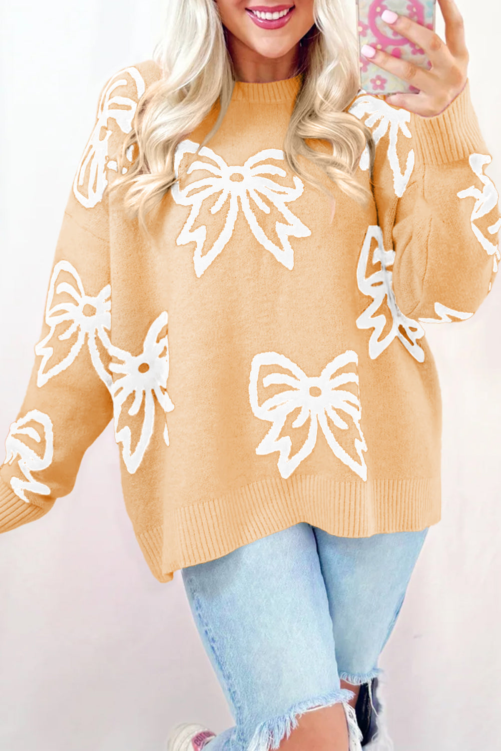 Pink Bow Pattern Drop Shoulder Loose Sweater