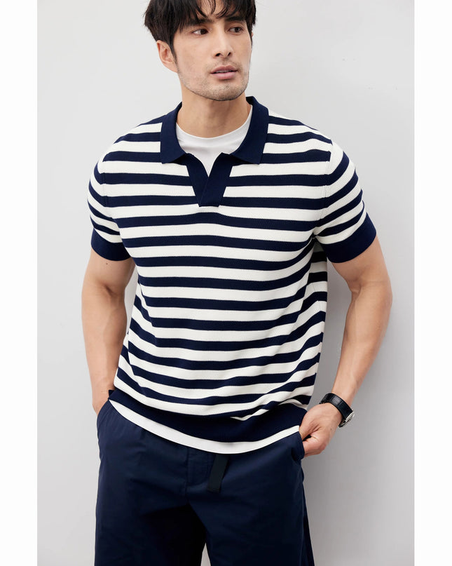 Summer New Ice Silk Short Sleeve Knitted Men's V-neck Lapel Slim